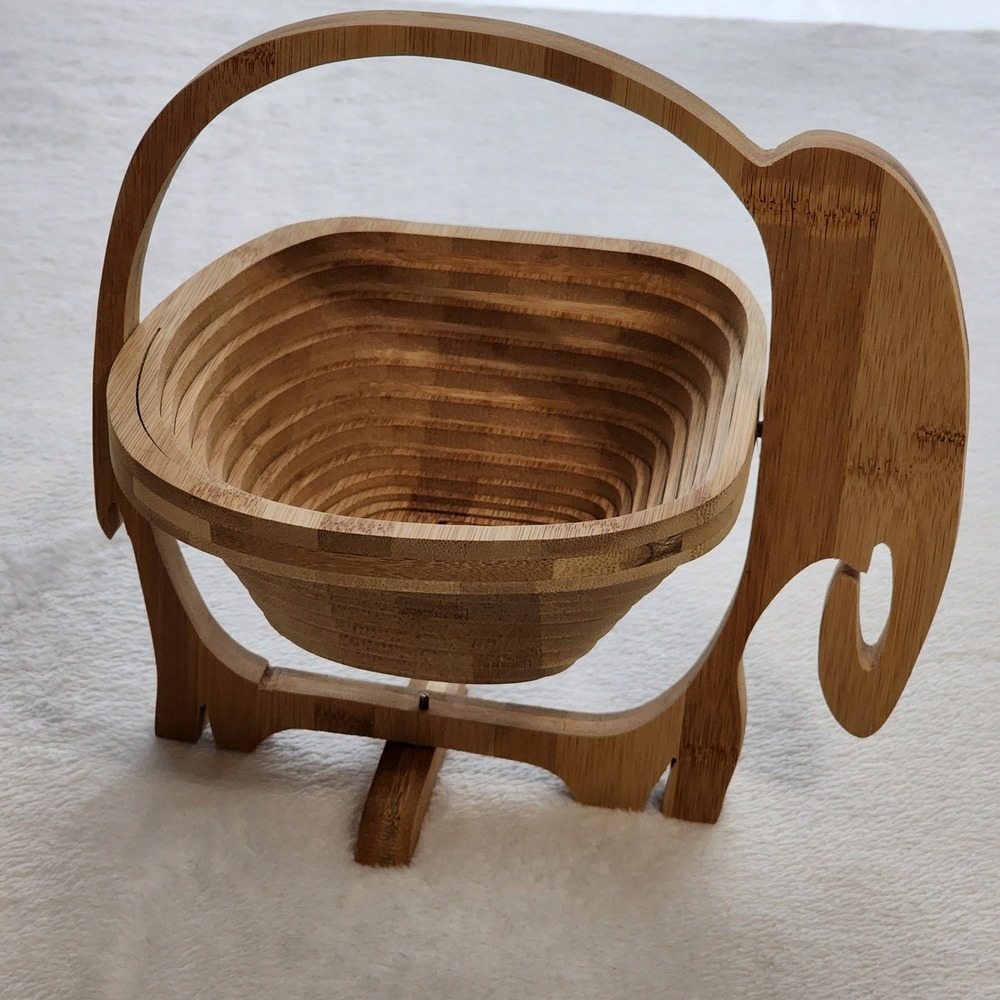 Elephant Fruit Basket Bowl Bamboo Wood Boho Animal Decor Collapsible Trivet